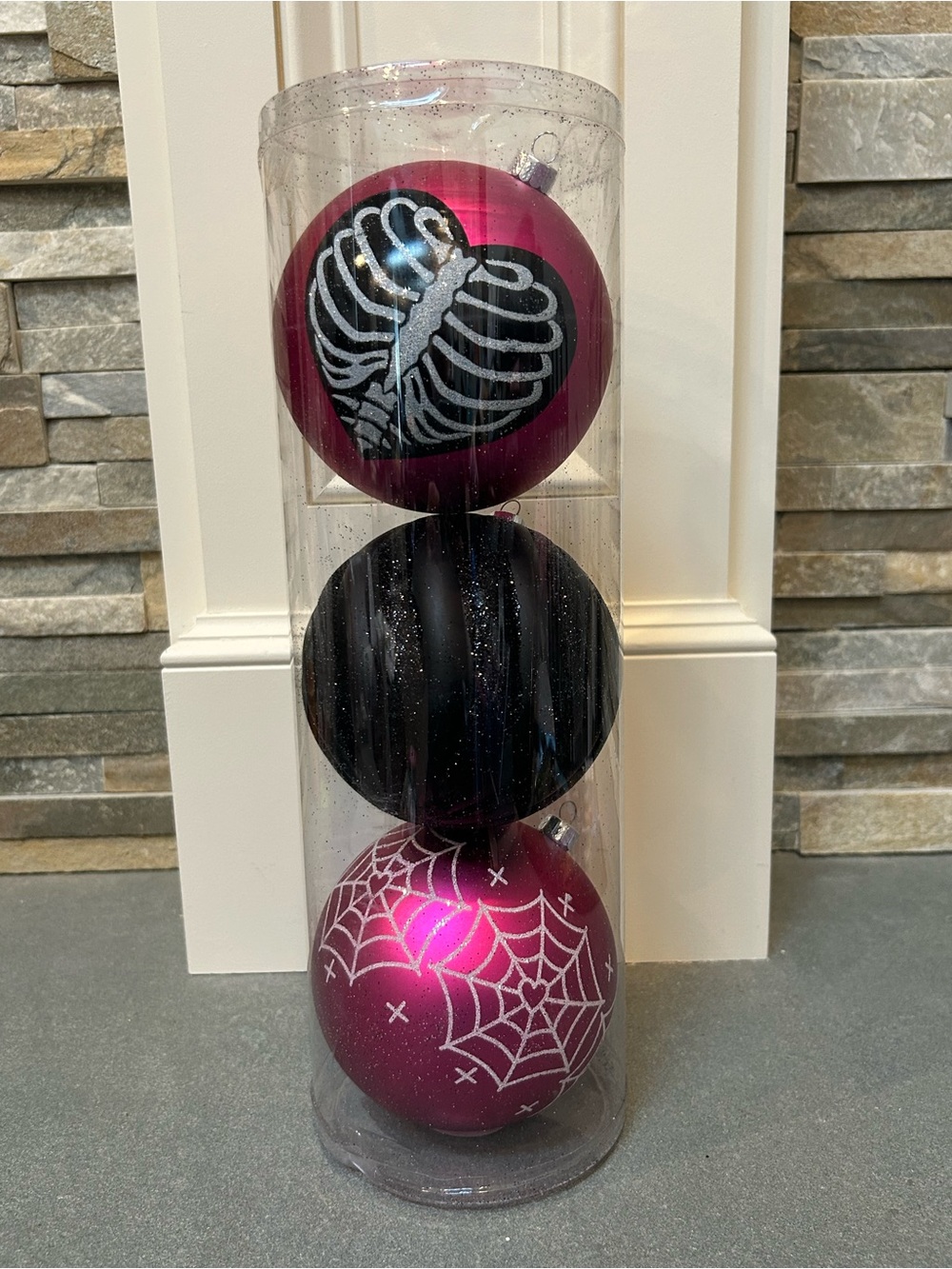 Holiday Halloween Ornament Set - Pink and Black Spiderweb & Ribcage Design